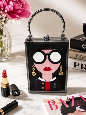 Novelty Face Acrylic Clutch Bag Pop Art Purse Glasses Lips Retro Statement